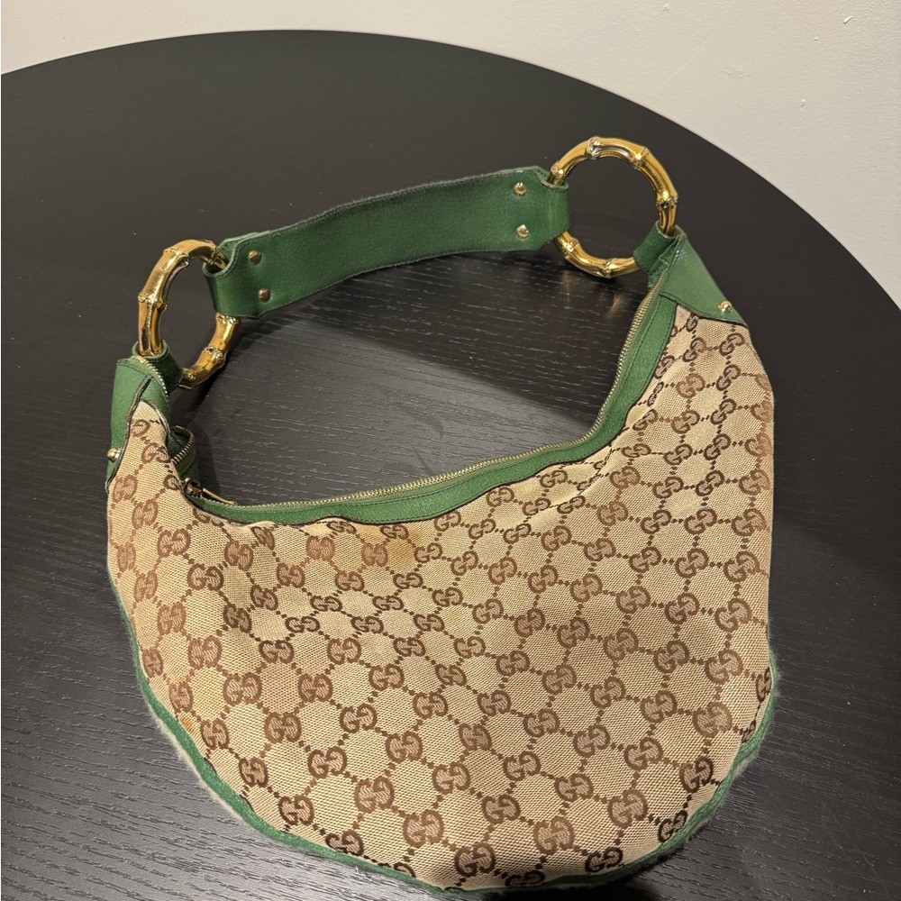 Gucci Beige and Green Canvas Shoulder Bag